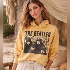 NWT The Beatles Butter Yellow Cropped Hoodie Fleece Sweatshirt Size Small